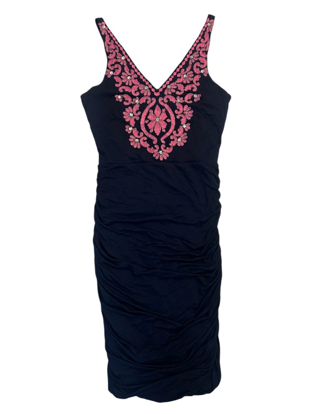 Early 2000s INC bodycon dress in navy blue w/ beaded pink embroidery